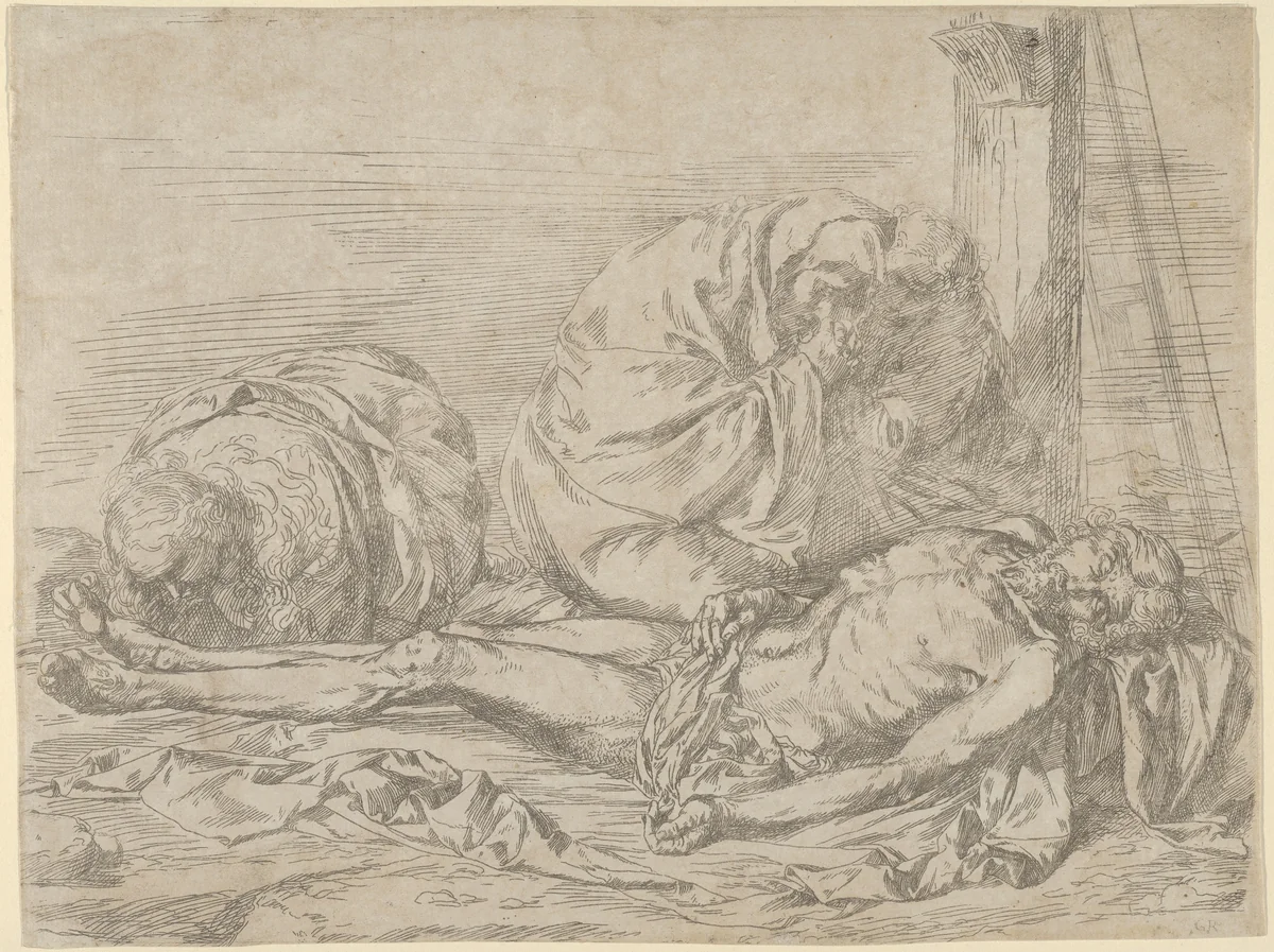 The Virgin, Saint John the Baptist, and Mary Magdalen weeping over Christ's dead body by Jusepe de Ribera, print, 1624
