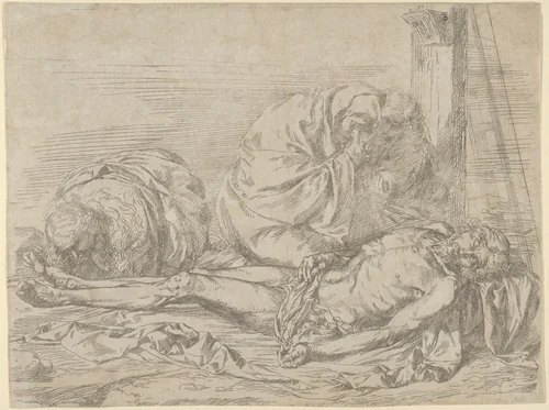 The Virgin, Saint John the Baptist, and Mary Magdalen weeping over Christ's dead body by Jusepe de Ribera, print, 1624