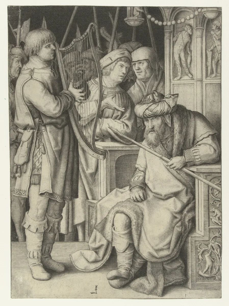David speelt harp voor Saul by Unknown, print, 1506-1510