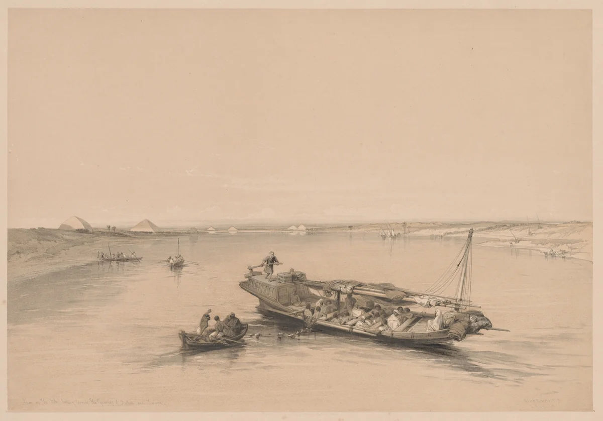 Egypt and Nubia: Volume I - No. 4, Slave Boats on the Nile, View Looking Towards the Pyramids of Dashour and Saccara by Louis Haghe, print, 1838