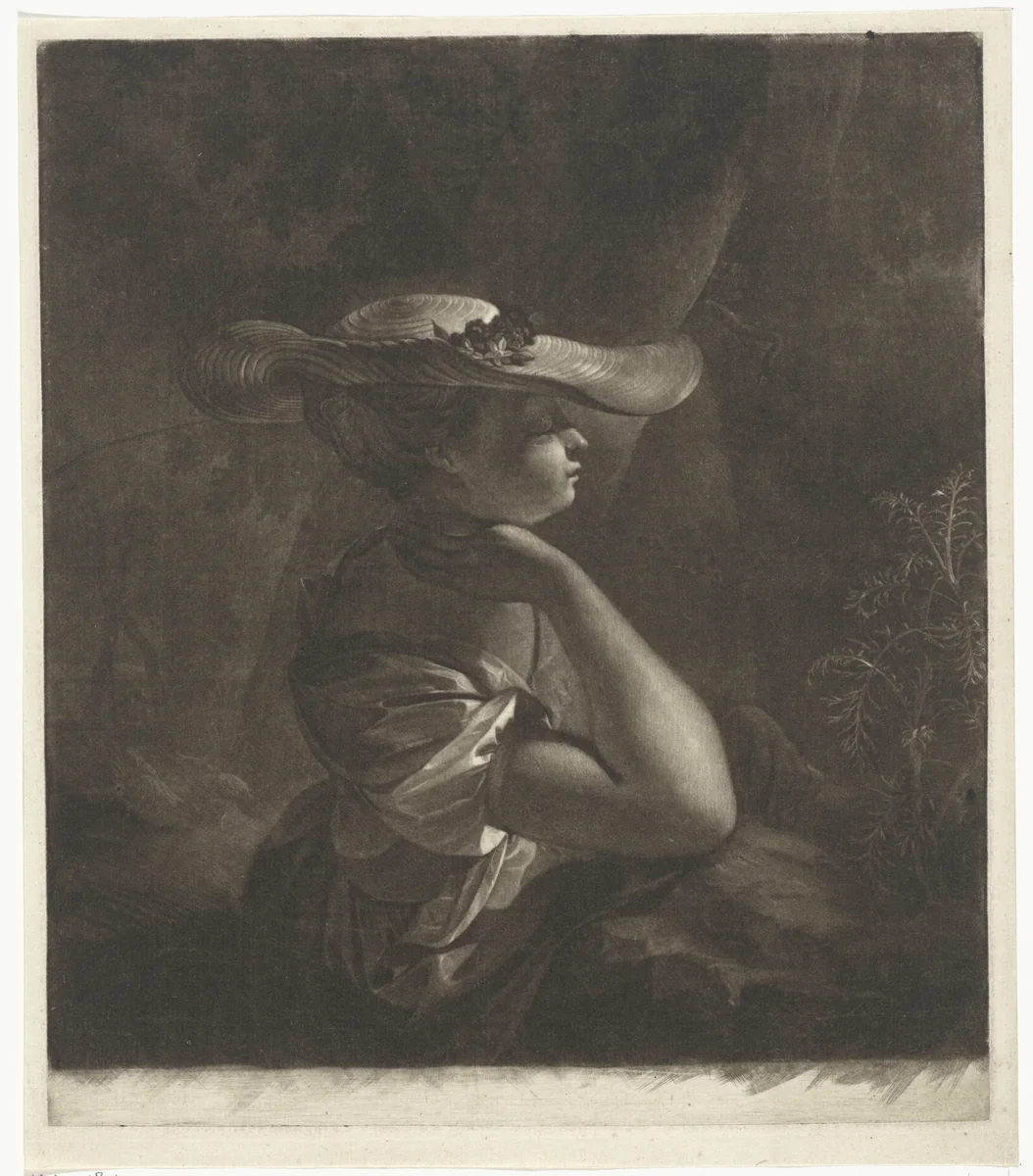Jonge vrouw onder een boom by Arnout Rentinck, print, 1722-1775