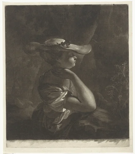 Jonge vrouw onder een boom by Arnout Rentinck, print, 1722-1775