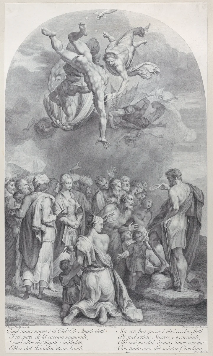 Plate 41: Saint John the Baptist preaching to a large crowd and baptizing children by Bartolomeo Crivellari, print, 1756