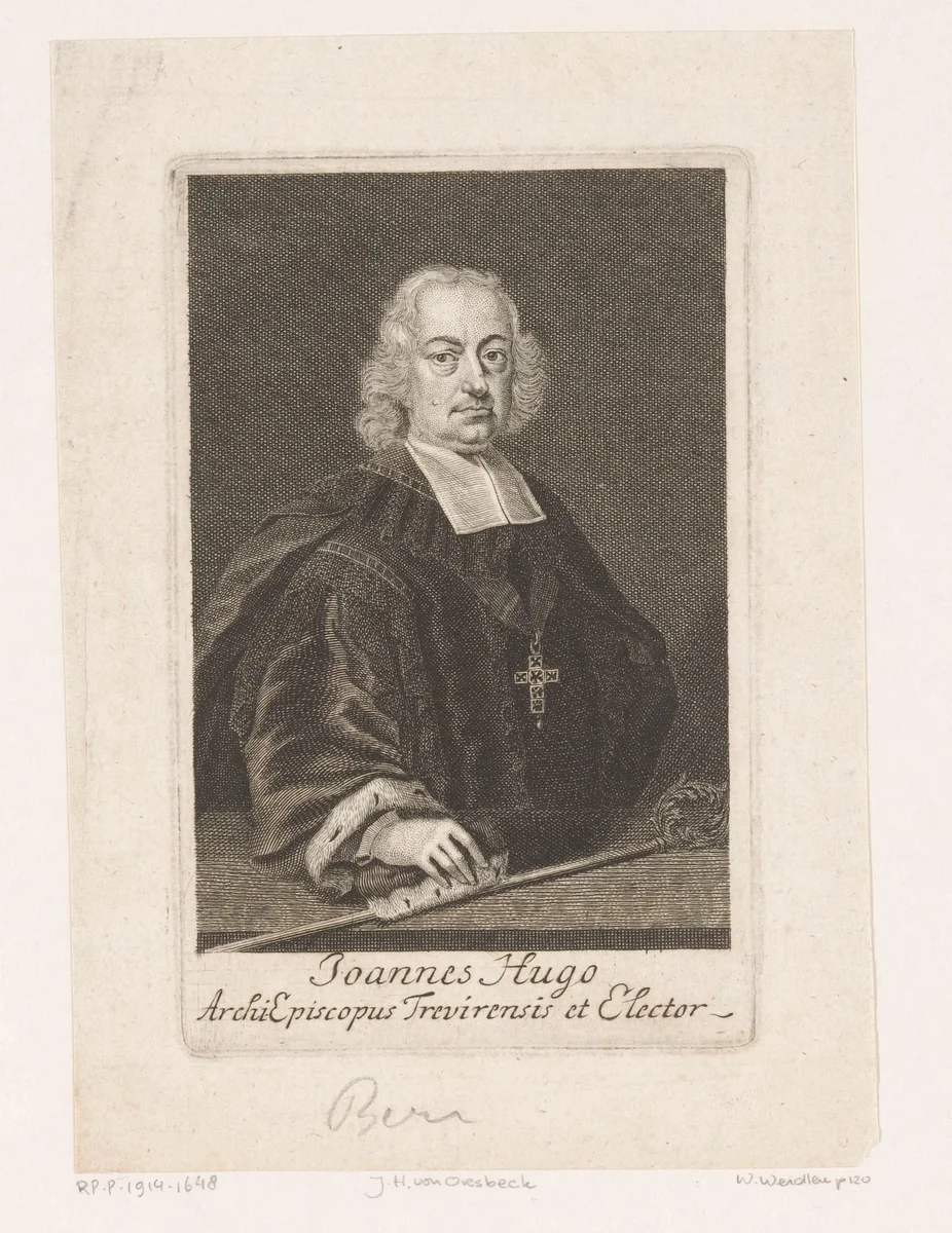Portret van Johann Hugo von Orsbeck, keurvorst en aartsbisschop van Trier by Johann Martin Bernigeroth, print, 1707