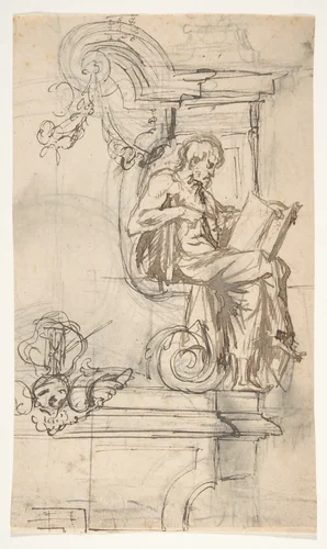 Design for a sepulchral monument with a seated prophet or philosopher (recto); Sketches (verso) by Pieter Verbruggen, drawing, 1686-1724