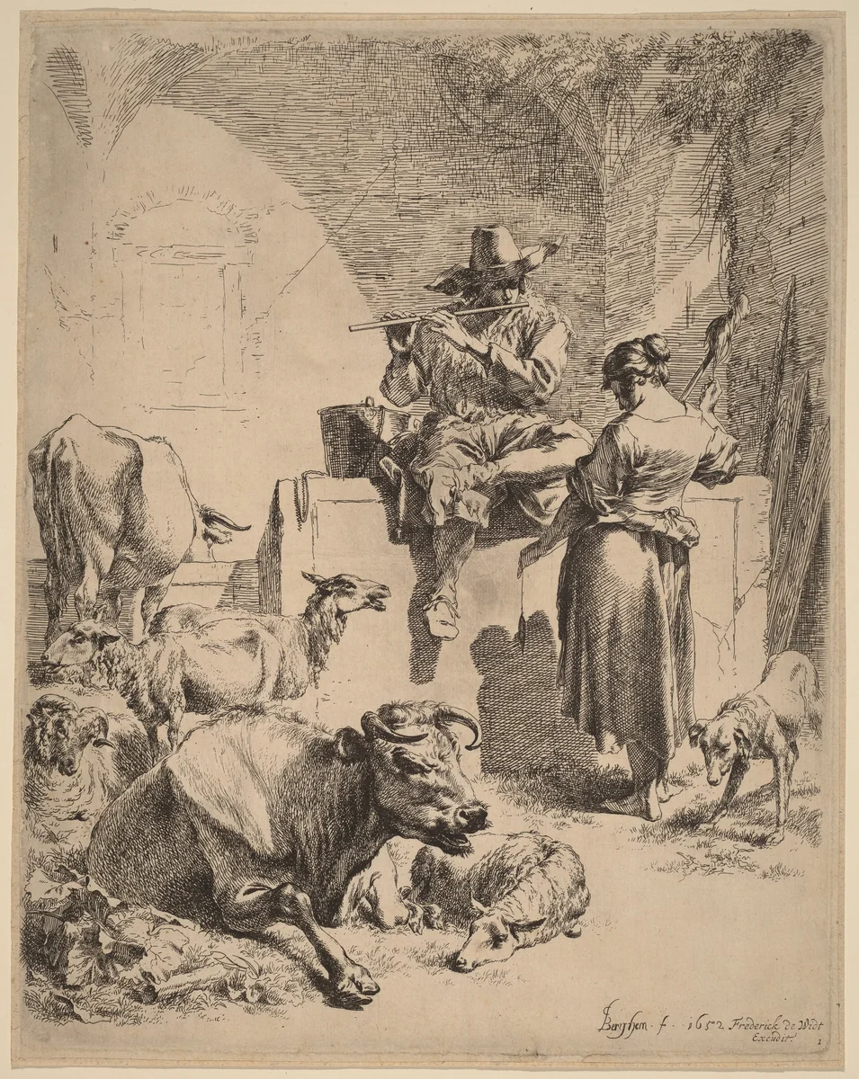 The Shepherd Seated on a Fountain and the Spinner by Nicolaes Pietersz Berchem, print, 1652