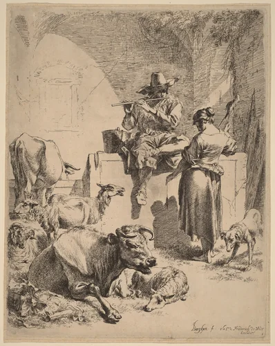 The Shepherd Seated on a Fountain and the Spinner by Nicolaes Pietersz Berchem, print, 1652