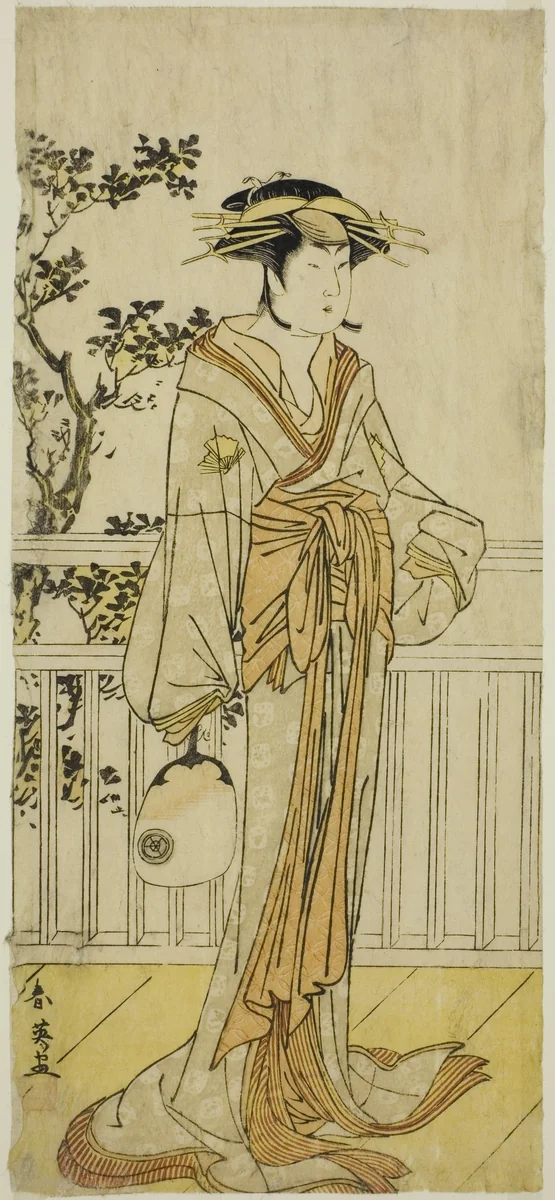 The Actor Iwai Hanshiro IV as Okumi of the Mieido Fan Shop (?) in the Play Sanjuk-koku Yobune no Hajimari (?), Performed at the Ichimura Theater (?) in the Fifth Month, 1789 (?) by Katsukawa Shun'ei (勝川春英), print, 1784-1794