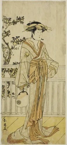 The Actor Iwai Hanshiro IV as Okumi of the Mieido Fan Shop (?) in the Play Sanjuk-koku Yobune no Hajimari (?), Performed at the Ichimura Theater (?) in the Fifth Month, 1789 (?) by Katsukawa Shun'ei (勝川春英), print, 1784-1794