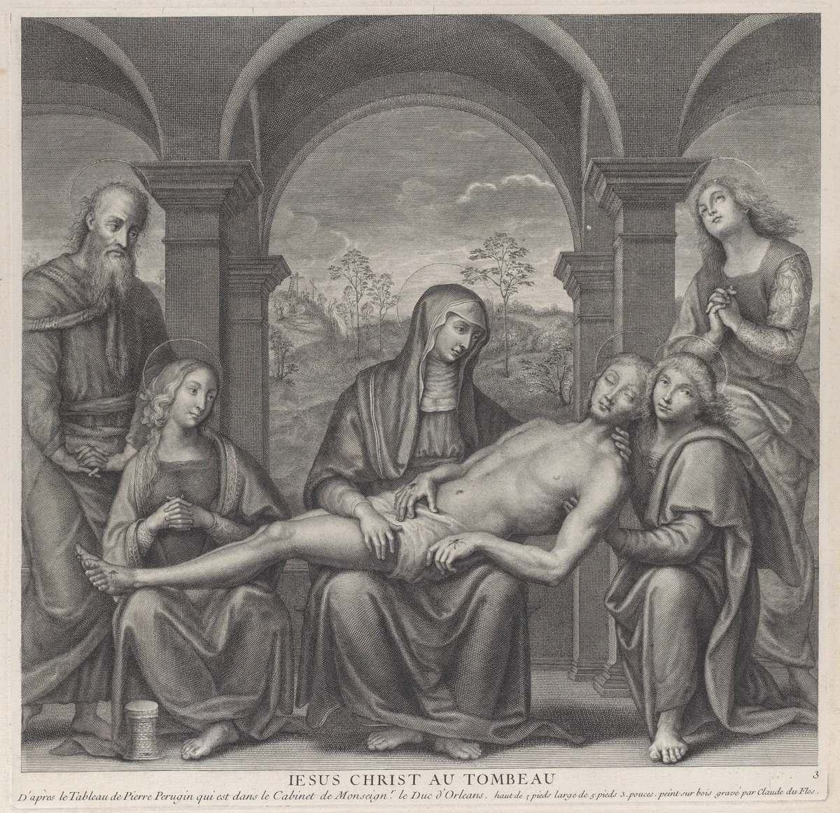 Christ in the tomb, resting across the Virgin's lap; after Perugino by Claude Duflos, print, 1680-1727