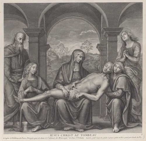 Christ in the tomb, resting across the Virgin's lap; after Perugino by Claude Duflos, print, 1680-1727
