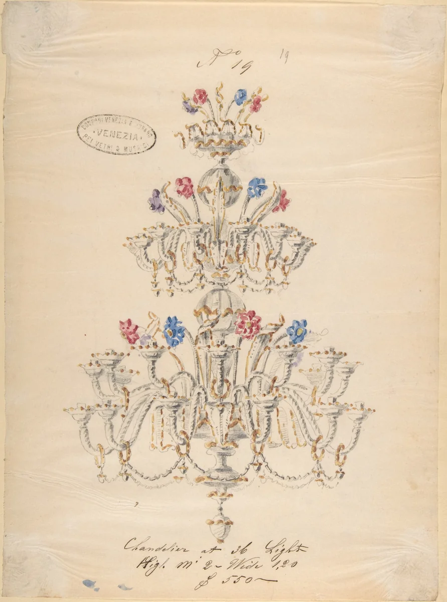 One of Twenty-Three Sheets of Drawings of Glassware (Mirrors, Chandeliers, Goblets, etc.) by Compagnia di Venezia e Murano, drawing, 1850-1880
