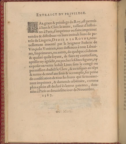 Les Singuliers et Nouveaux Portraicts... page 3 (verso) by Federico de Vinciolo, book, 1588