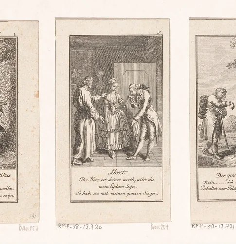Zoon van Alcest bij de schuldeiser van zijn vader by Daniel Nikolaus Chodowiecki, print, 1775
