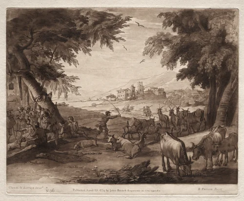 Liber Veritatis: No. 36, Pastoral Scene with Villagers and a Herd of Oxen and Goats by Richard Earlom, print, 1777