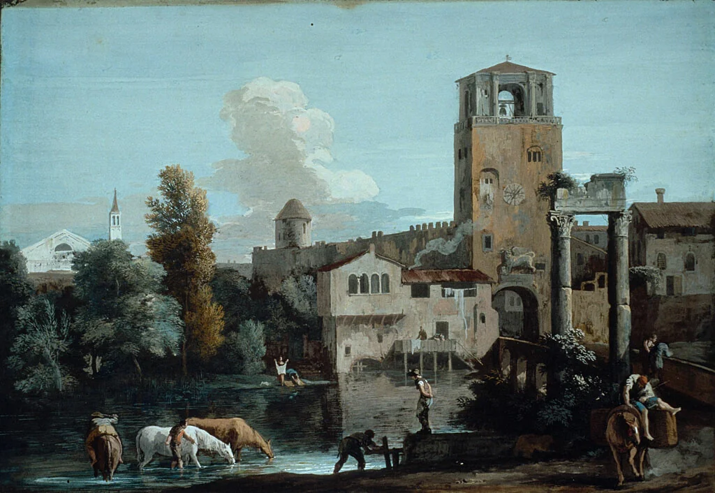 A Capriccio with Horses Watering in a River Outside a Walled Town by Marco Ricci, painting, 1715-1725