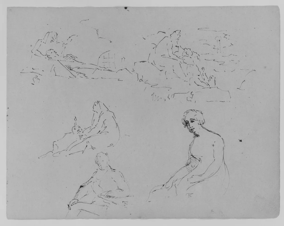 Lamentation (?); Mother and Child in Landscape; Penitent Magdalene; Seated Male at Table; Seated Female Holding a Letter (Batsheba, after Rembrandt) (from Sketchbook) by Thomas Sully, artwork, 1810-1820