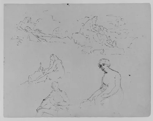 Lamentation (?); Mother and Child in Landscape; Penitent Magdalene; Seated Male at Table; Seated Female Holding a Letter (Batsheba, after Rembrandt) (from Sketchbook) by Thomas Sully, artwork, 1810-1820