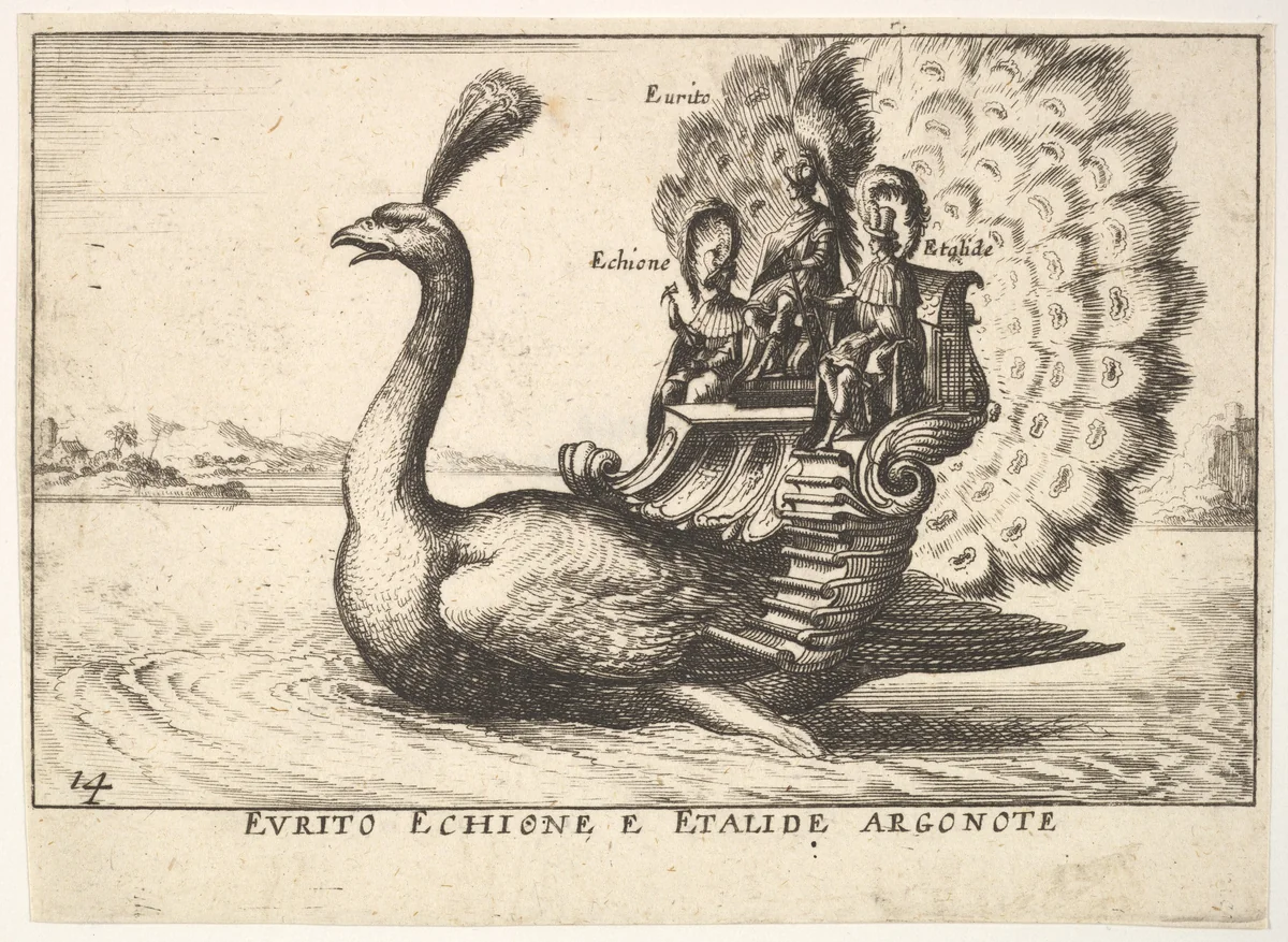 Plate 14: The Argonauts Eurytus, Echion, and Aethalides (Eurito Echione e Etalide Argonote), led by Mercury in the form of a peacock, from "The magnificent pageant on the river Arno in Florence for the marriage of the Grand Duke" (Le Magnifique carousel fait sur le fleuve de l'Arne a Florence, pour le mariage du Grand Duc) by anonymous, print, 1664
