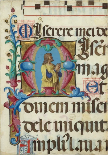 Manuscript Illumination with David in Prayer in an Initial M, from a Psalter by Girolamo dai Libri, manuscript, 1501-1502