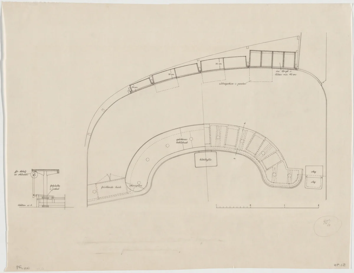 Law Courts Annex, Gothenburg, Sweden, Plan of courtroom and section of desk by Erik Gunnar Asplund, architecture
