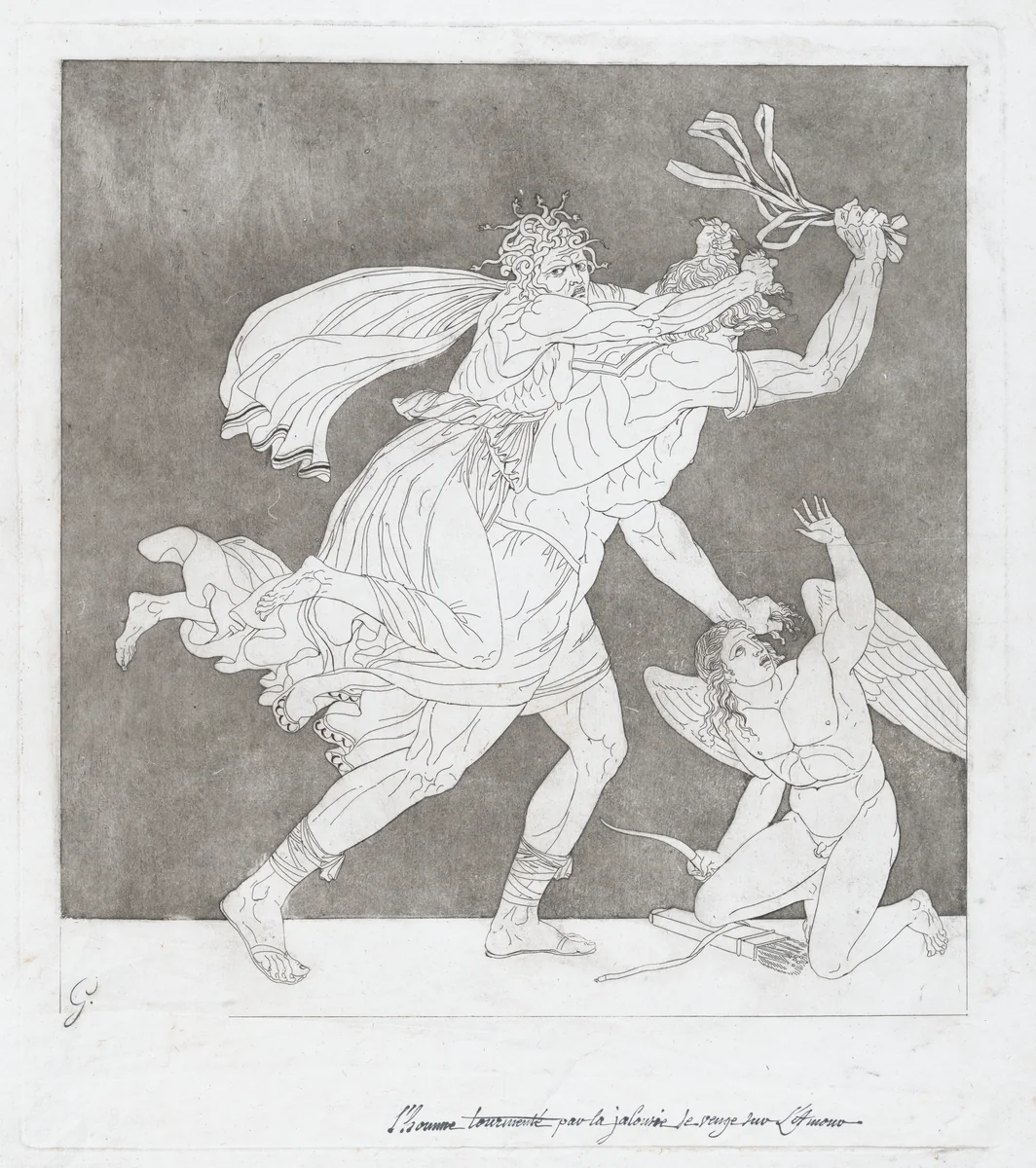 A Man Tormented by Jealousy Takes Revenge on Cupid by Bénigne Gagneraux, print, 1785-1795