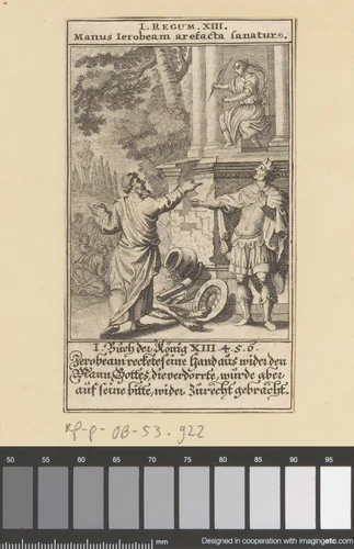Jerobeam wijst naar de profeet en zijn arm verstijft by anonymous, print, 1697
