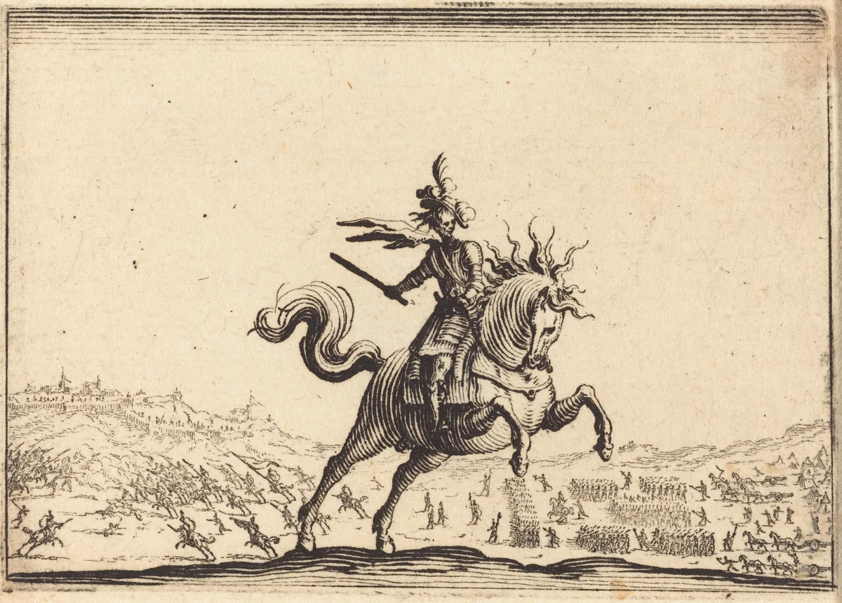 Military Commander on Horseback by Jacques Callot, print, 1617