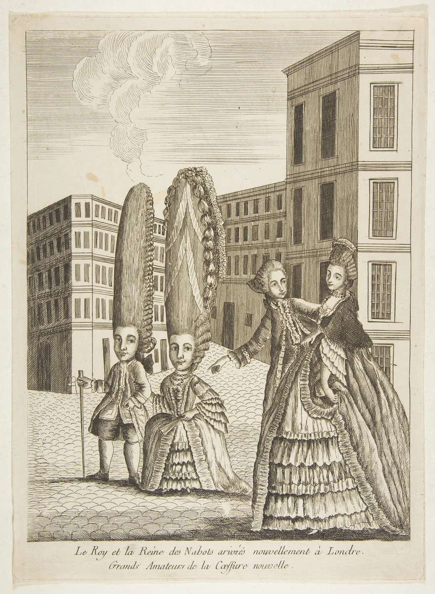 Le Roy et la Reine des Nabots arrivés nouvellement à Londre. Grands amateurs de la coeffure nouvelle by anonymous, print, 1700-1800