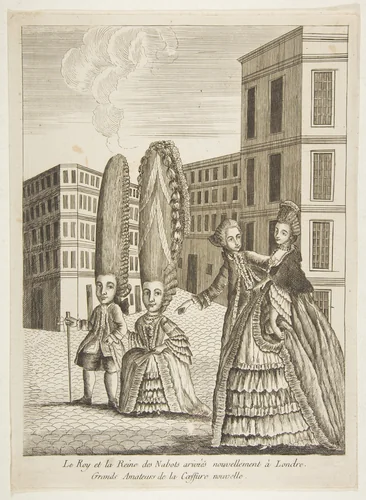 Le Roy et la Reine des Nabots arrivés nouvellement à Londre. Grands amateurs de la coeffure nouvelle by anonymous, print, 1700-1800