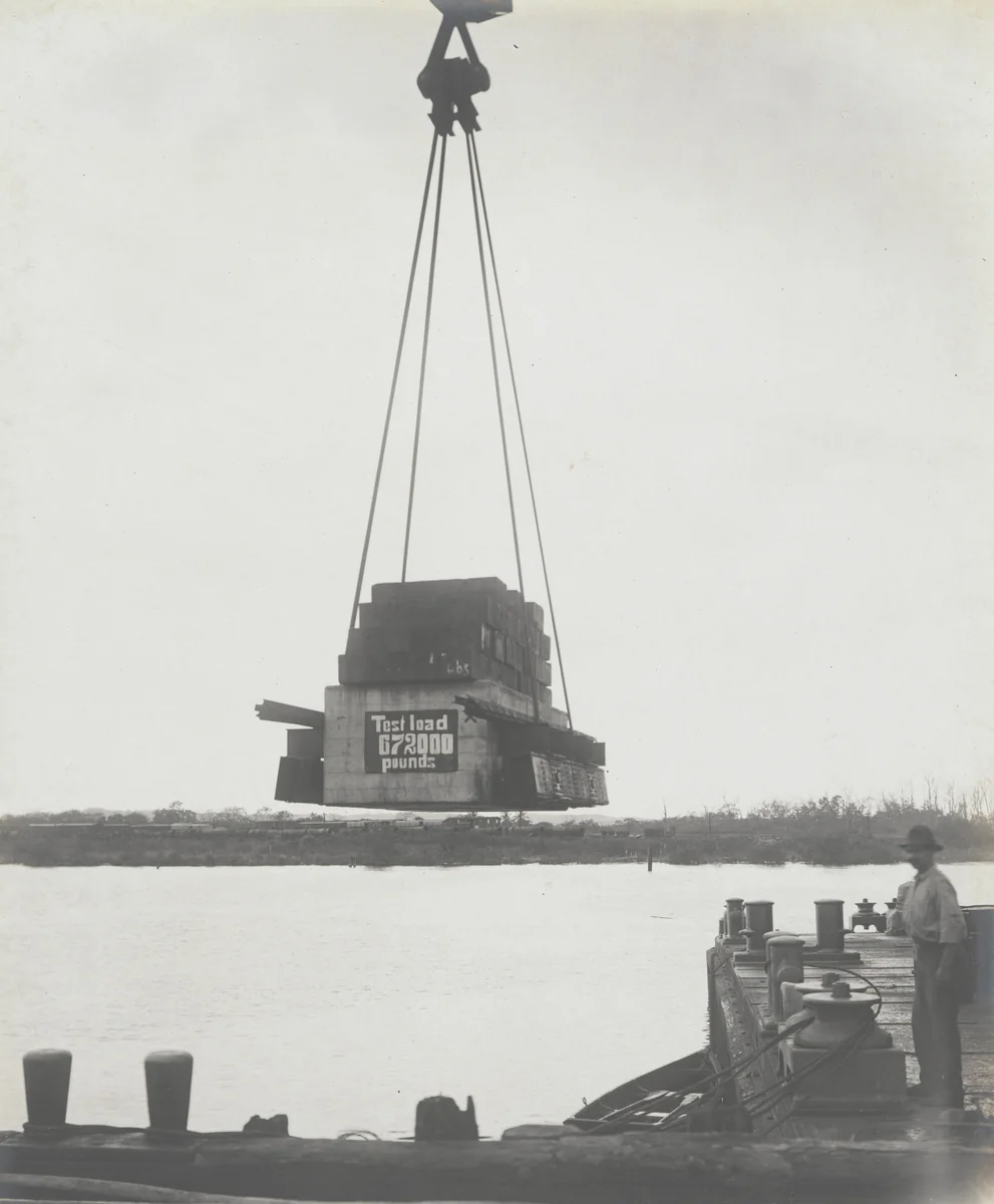 Floating crane "Ajax" test. Rotating 275 tons (10% excess) at rated reach by Unidentified Photographer, photograph, 1915