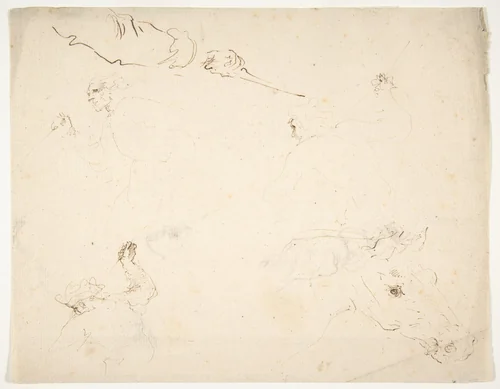 Figures in Battle and Head of a Horse (recto); Studies of a Man's Head and Arms (verso) by Stefano della Bella, drawing, 1610-1664