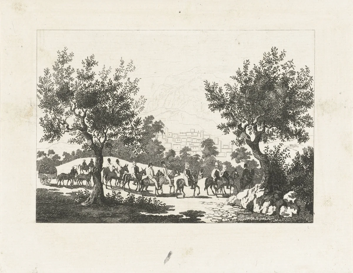 Ottomaanse ruiterstoet bij een hoge berg by Henricus Wilhelmus Couwenberg, print, 1830-1845