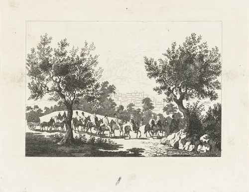 Ottomaanse ruiterstoet bij een hoge berg by Henricus Wilhelmus Couwenberg, print, 1830-1845