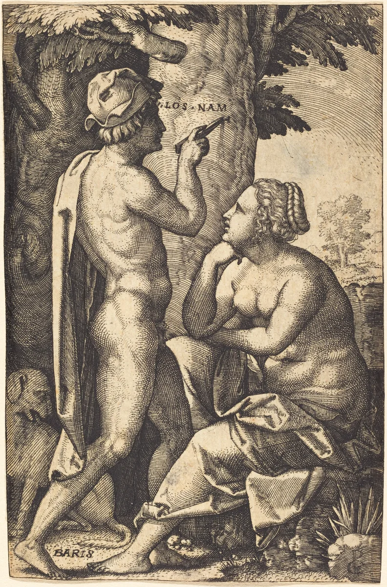 Paris Writing Words of Love to Oenone by Georg Pencz, print, 1500-1550