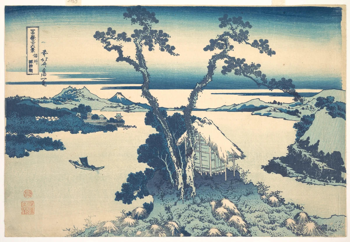 Lake Suwa in Shinano Province (Shinshū Suwako), from the series Thirty-six Views of Mount Fuji (Fugaku sanjūrokkei) by Katsushika Hokusai (葛飾 北斎), print, 1820-1842