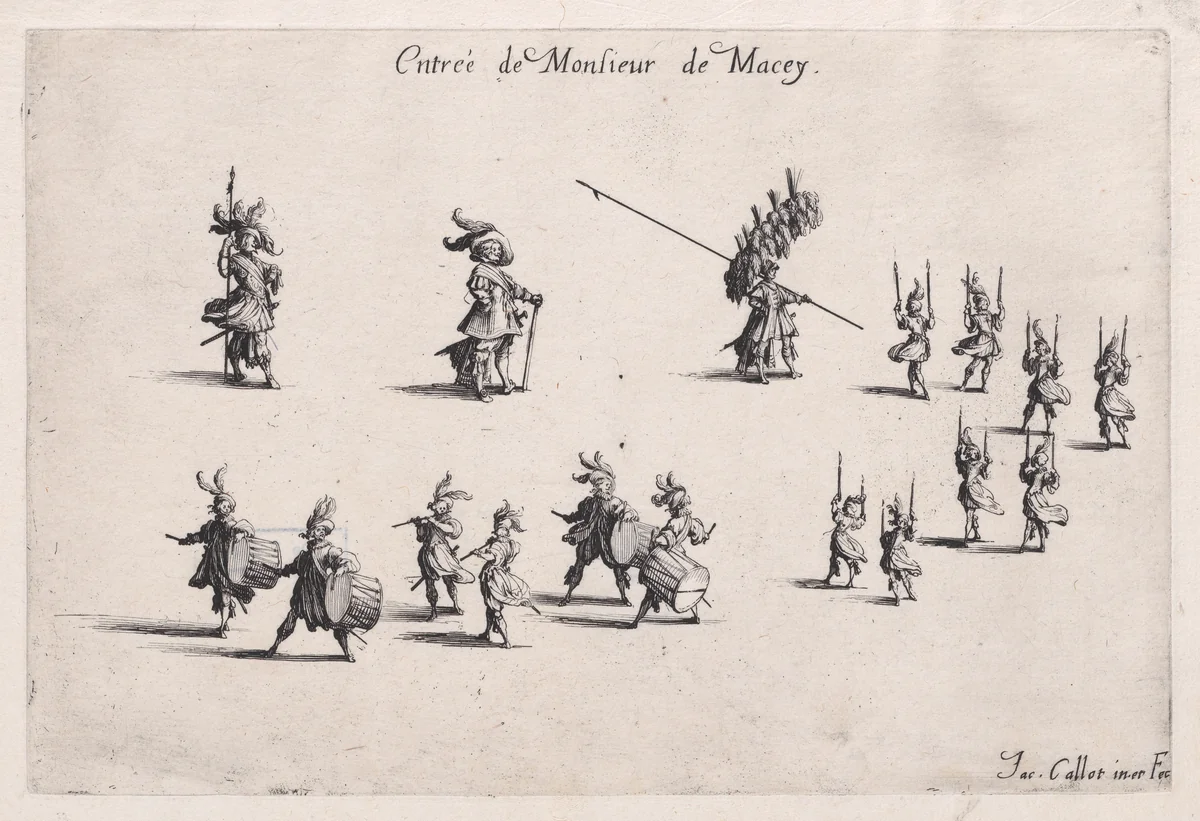 Entrée de M. de Macey (Entrance of Monsieur de Macey), from "Le Combat a la Barrière" by Jacques Callot, print, 1627