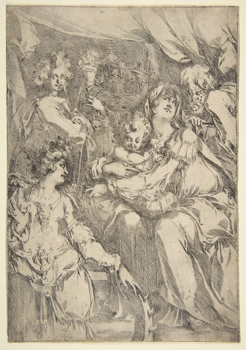 The Holy Family with Saint Catherine, Saint John the Evangelist and an Angel by Jacques Bellange, print, 1612-1616