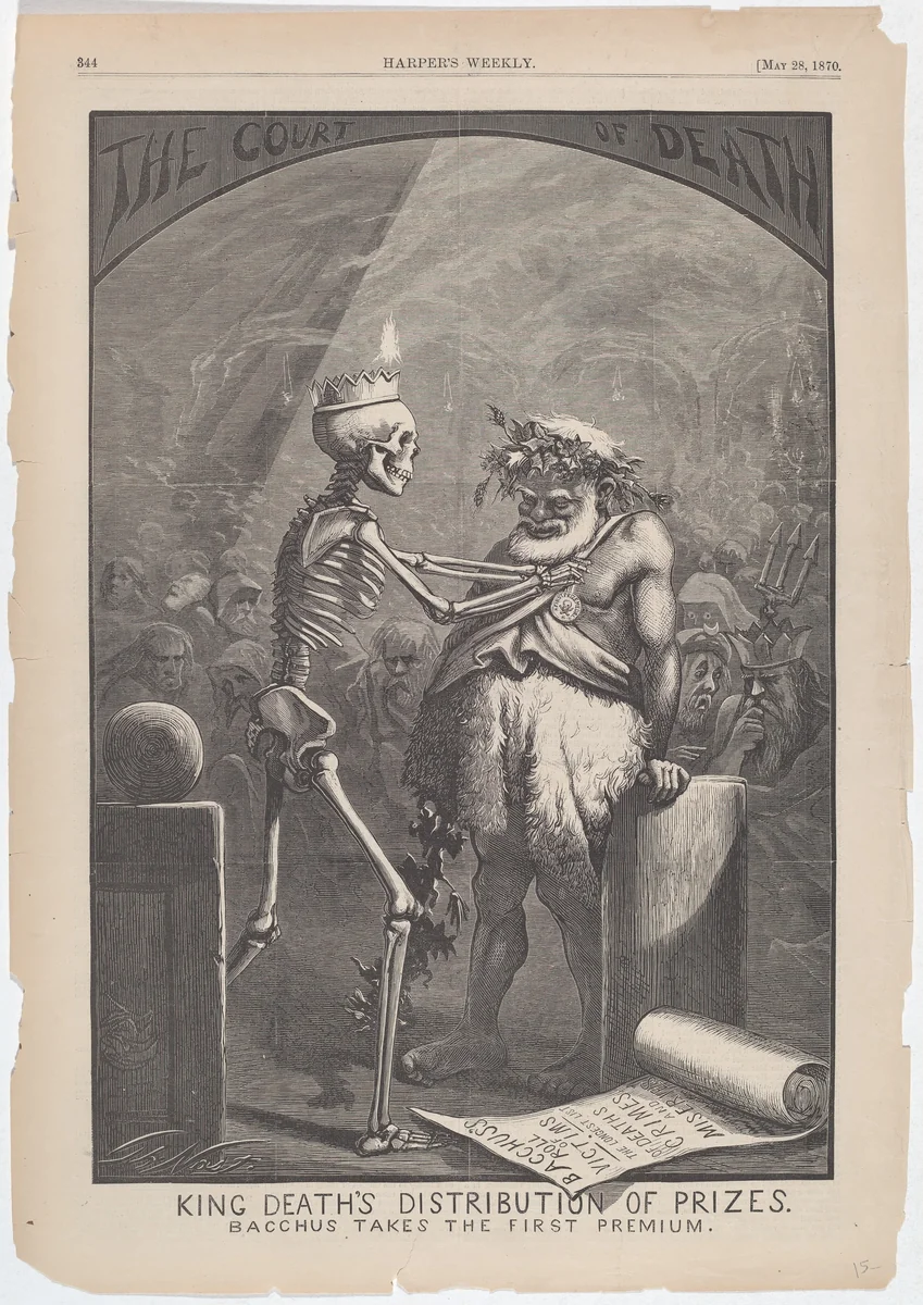 King Death's Distribution of Prizes. Bacchus Takes the First Premium. by Thomas Nast, print, 1870
