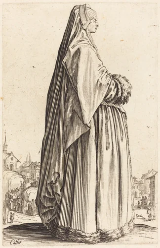 Noble Woman Wearing a Veil and a Dress Trimmed in Fur by Jacques Callot, print, 1620-1623