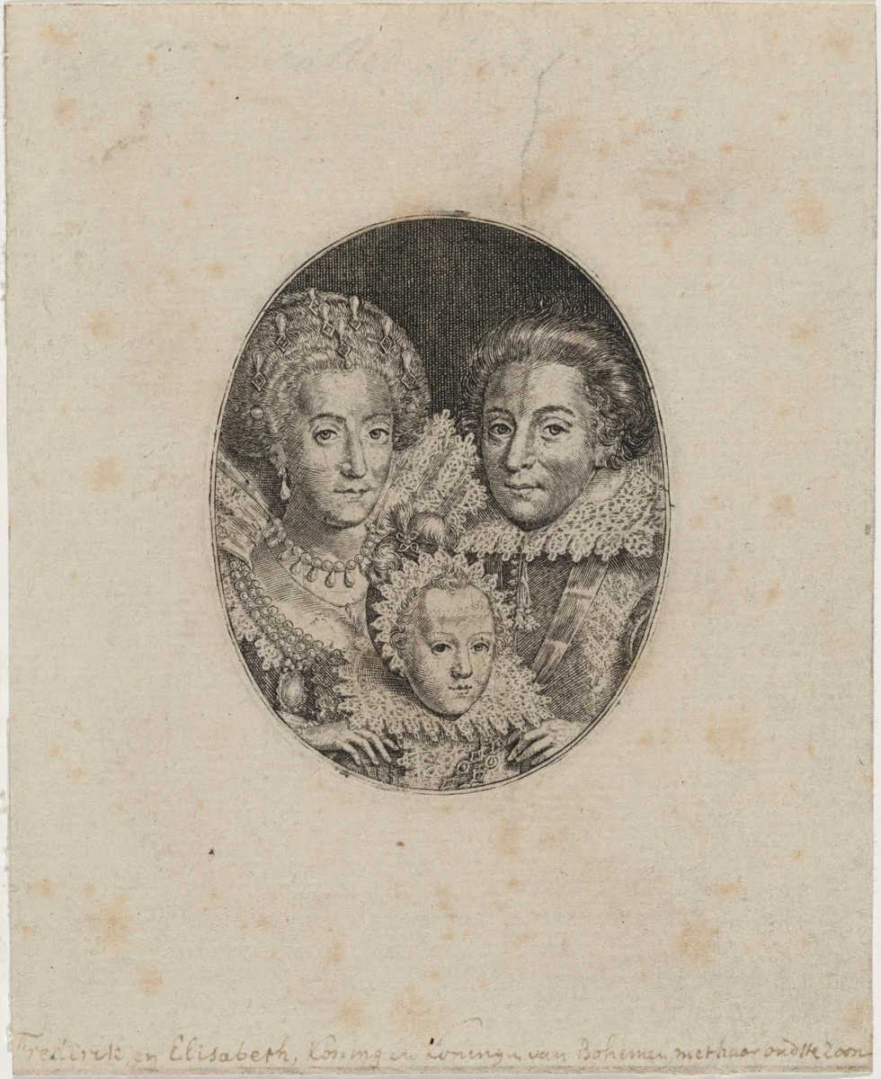 Frederick V, Elizabeth, and Prince Frederick Frederick Henry by Simon van de Passe, print, 1595-1647