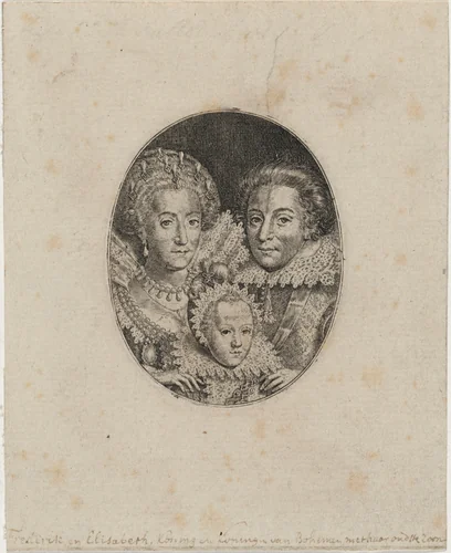 Frederick V, Elizabeth, and Prince Frederick Frederick Henry by Simon van de Passe, print, 1595-1647