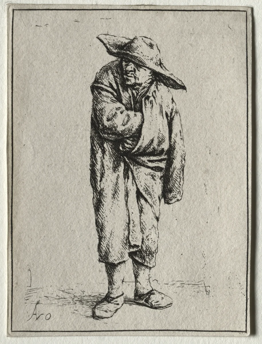 Peasant with his hand in his cloak by Adriaen van Ostade, print, 1637-1647