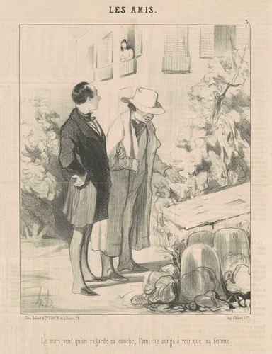 Le mari veut qu'on regarde sa couche ... by Honoré Daumier, print, 1845