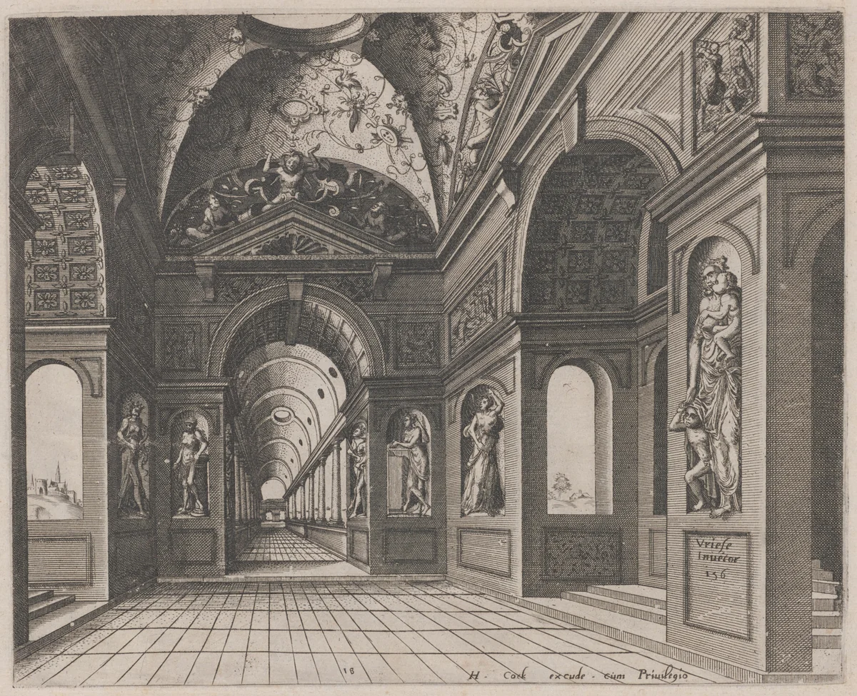 Interior of a Cross-Vaulted Hall Decorated with Grotesques by Lucas van Doetechum
Johannes van Doetechum the Elder
Hans Vredeman de Vries
Hieronymus Cock, portfolio, 1560
