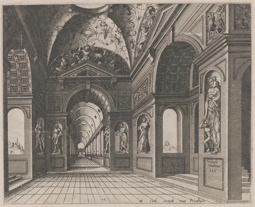 Interior of a Cross-Vaulted Hall Decorated with Grotesques by Lucas van Doetechum
Johannes van Doetechum the Elder
Hans Vredeman de Vries
Hieronymus Cock, portfolio, 1560