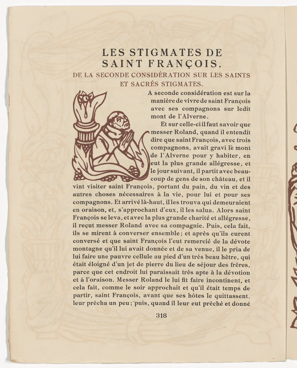 Pictorial initial (page 318) from Les Petites Fleurs de St. François (The Little Flowers of St. Francis) by Émile Bernard, illustrated book, 1928