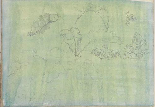 Carved panel and border ornament (recto). Sketches of leaves (verso) (Smaller Italian sketchbook, leaf 21) by Joseph Wright, drawing, 1774-1775