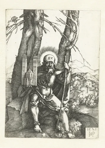 Heilige Sebaldus als pelgrim met een kerkmodel by Unknown, print, 1521