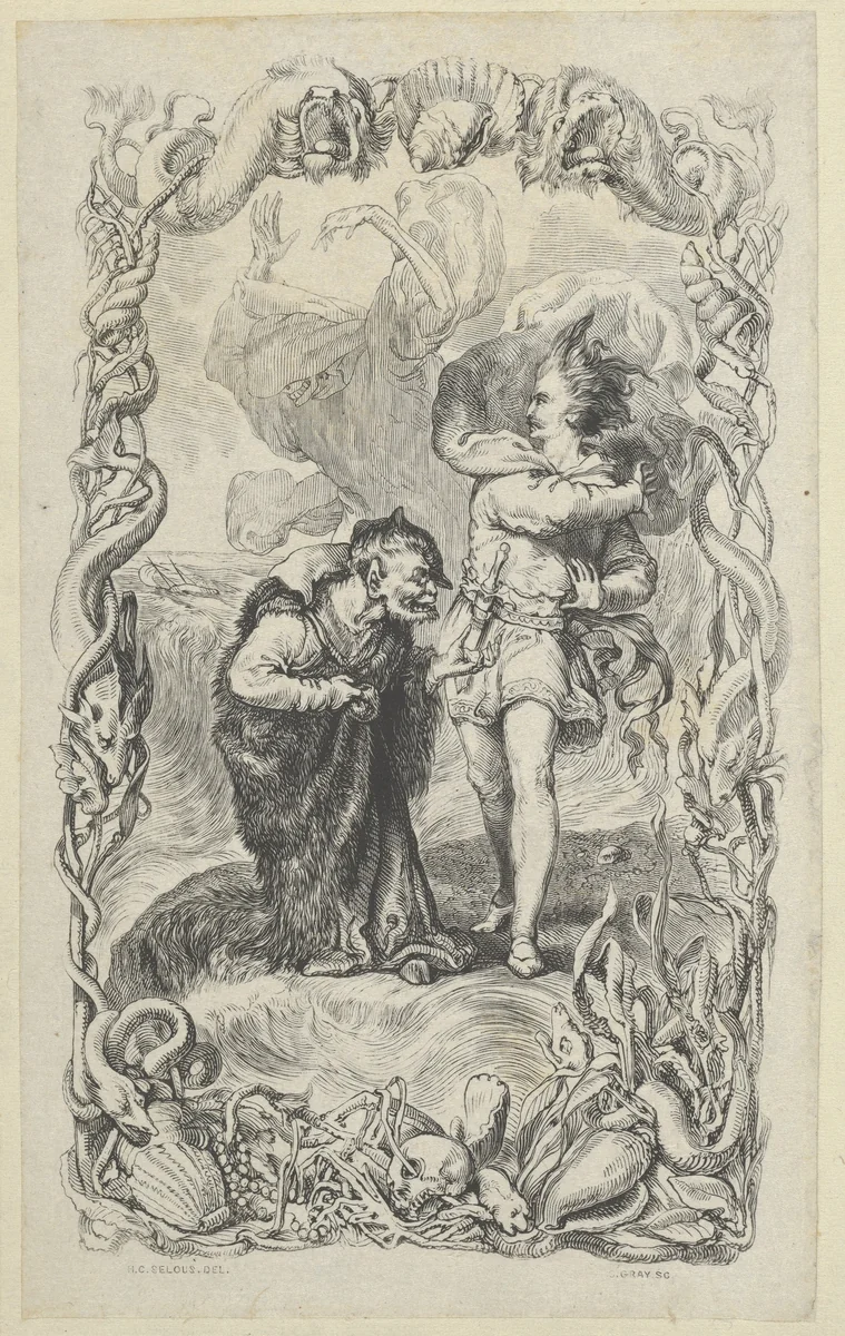 Illustration to the Tempest: Caliban, Ferdinand and Ariel by Charles Gray, print, 1836